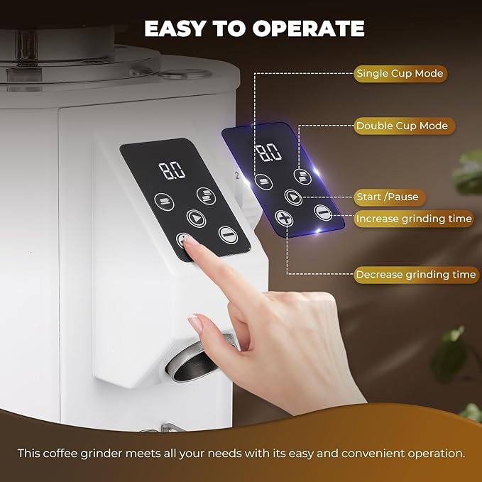 Commercial Coffee Grinder Heavy Duty - 64mm SS Flat Burrs, 8 Precise Settings, Button Control, 35oz Hopper, Business and Home Use, White 400W