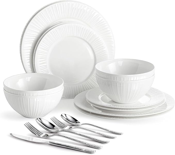 KINGSTONE 12-Piece Bone China Dinnerware Set with 20-Piece flatware, White Lightweight Porcelain Service for 4, for Family Dining, Restaurants, Gifting，Microwave and Dishwasher Safe