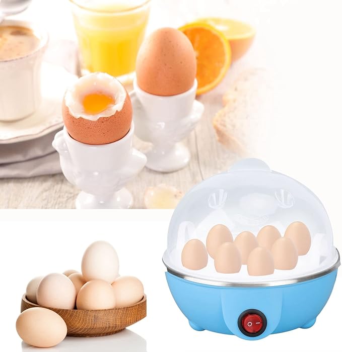 Chicken Egg Cooker Make Up to 7 Large Boiled Eggs Anti Dry Burning Automatic Power Off Egg Poacher with Heating Plate for Hard, Soft & Poached Eggs(Blue)