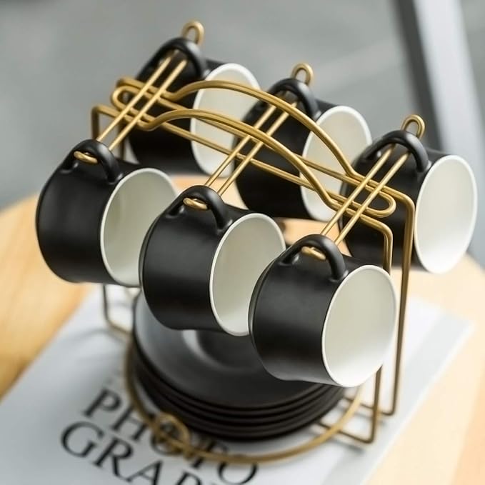 YHOSSEUN Ceramic Espresso Cups Set of 6, 4 Oz Expresso Shots Cup with Stand & Saucers, Small Coffee Espresso Cup Demitasse Cups, Black