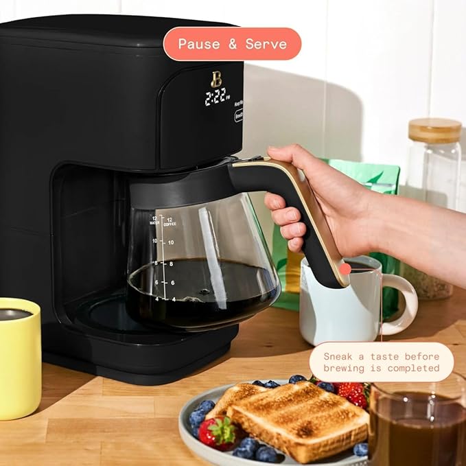 Beautiful 12-Cup Programmable Coffee Maker with Touch-Activated Display, Auto Brew Timer, Reusable Filter & Large Glass Carafe (Black Sesame)