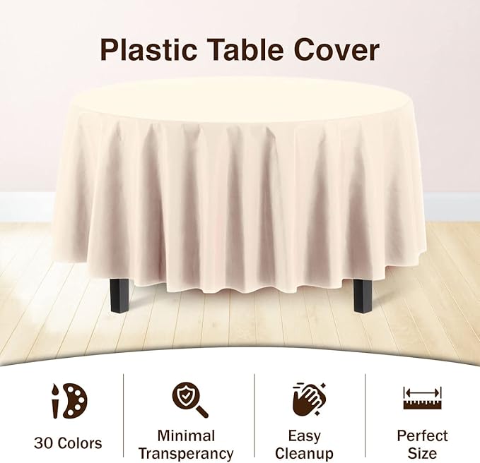 Party Solids 12-Pack Premium Plastic 84-Inch Round Tablecloth, Ivory