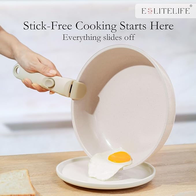 ESLITE LIFE Nonstick Cookware Sets with Detachable Handle,Ceramic Coating Pots and Pans Set Kitchen Cooking Set, Compatible with All Stovetops, PTFE & PFOA Free, White, 10 Pcs Set