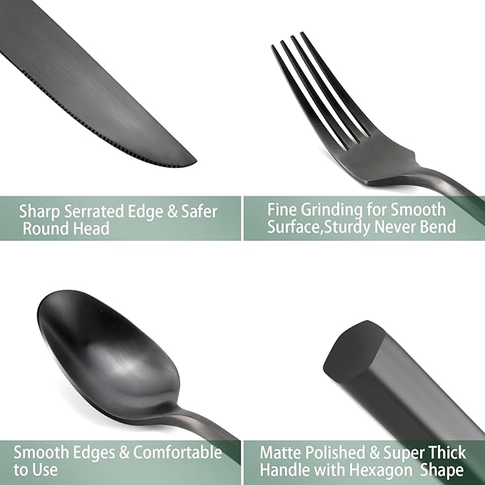 DEACORY Silverware Set Flatware Set Matte Black Cutlery Set Brushed Finished Hexagon Handle Heavy Stainless Steel 60 Pieces Dishwasher Safe Service for 12