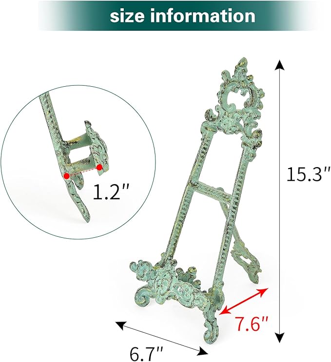 Sungmor Vintage Cast Iron Cookbook Stand, Small Ornate Easel Fleur De Lis Stand, 15.5" Tall Antique Green Table Top Display Holder for Recipe Book, Picture Frame, Plate, Home Kitchen Decor