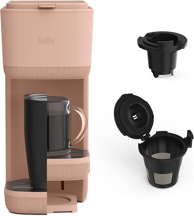 BELLA Single Serve Coffee Maker, K Cup & Coffee Ground Compatible with Removable, Adjustable Drip Tray, Auto Shutoff & Reusable Dishwasher Safe Accessories, Brews 6oz to 14oz, 1000 Watt, Blossom