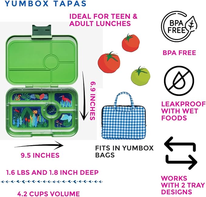 Yumbox Tapas Leakproof Bento Lunch Box: 4.2 Cups Larger 5-Compartment Design in Jurassic Green with Jungle tray - for Adults and Bigger Kids.