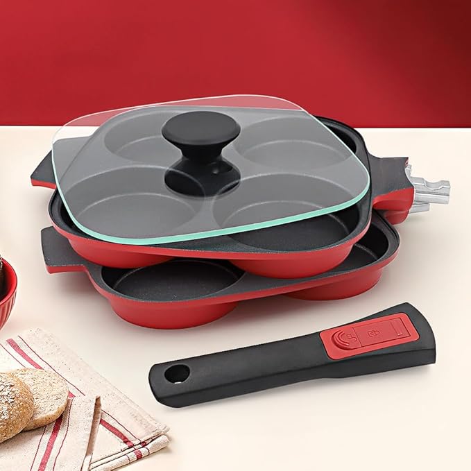 4-Cup Egg Pan with Lid, Nonstick Omelette Skillet with Detachable Handle, Pancake Pan Egg Cooker Induction Compatible