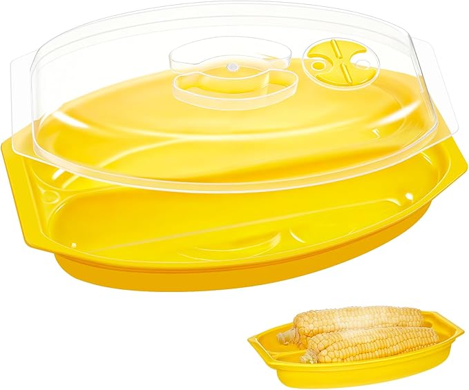 1 Pcs Microwave Corn Steamer with Lid for Frozen Corn Broccolini Vegetables on The Cob, Fast & Easy, 2 Pcs at Once, Vented Lid, Dishwasher Safe, Microwave Dishes Steamer Kitchen Tool (Yellow)