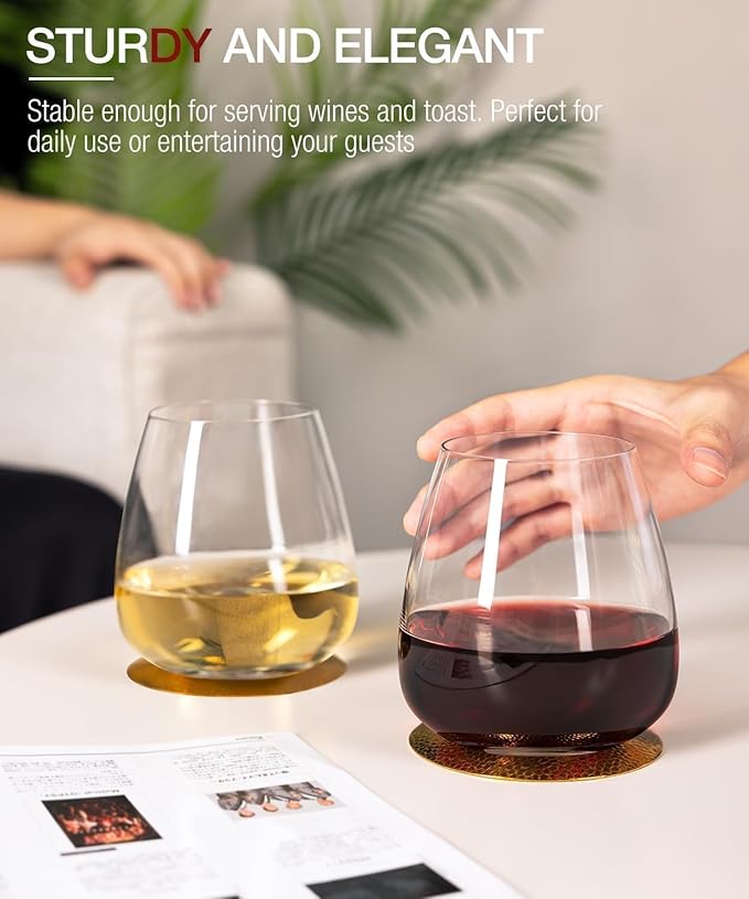 Stemless Wine Glasses Set of 6, 14.5oz Hand Blown Crystal Red White Wine Glass, Ideal for Daily Use and Special Days, Perfect Gifts for Both Men and Women