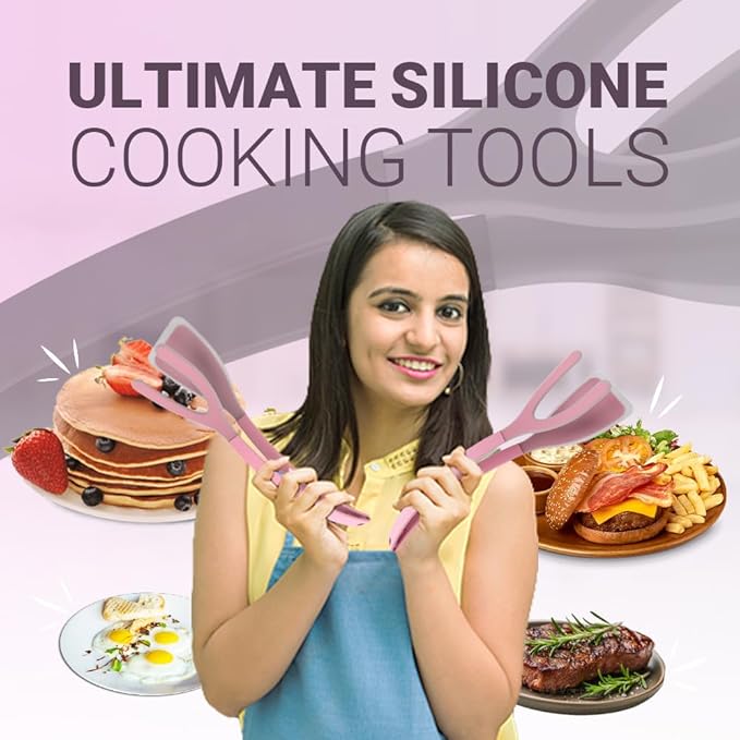 Silicone Egg Flipper Spatula Tongs (Set of 1) – Non-Stick 2-in-1 Grip & Flip Kitchen Tongs for Pancakes, Fish, Eggs, and More – Heat Resistant Cooking Tool (Black) (Pink)