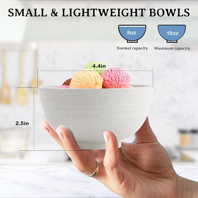 Wheat Straw Bowls Unbreakable Small Bowls Set of 8, Plastic Mini Bowl -10 OZ, Small Serving Bowls for Kitchen, Microwave and Dishwasher Safe for Ice Cream, Snack, Appetizer (White)