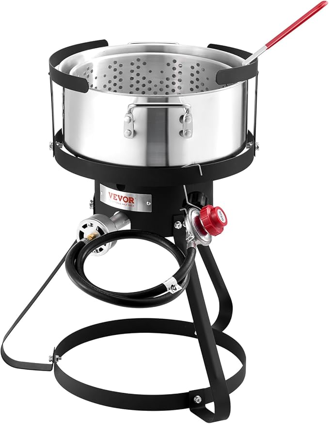 VEVOR 10 Qt Fish and Wing Fryer, Aluminum Propane Fish Fryer Kit, Outdoor Deep Fryer Seafood Pot with Thermometer, Strainer Basket, and 54,000 BTUs Propane Burners, for Outdoor and Backyard Cooking