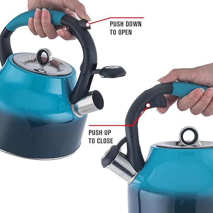 Emeril Lagasse 2.6 Quart/2.5 Liter Whistling Tea Kettle, Stainless Steel Tea Pot for Induction Stove Top, Fast to Boil Water for Home Kitchen Condo, with Ergonomic Cool Grip Handle, Blue