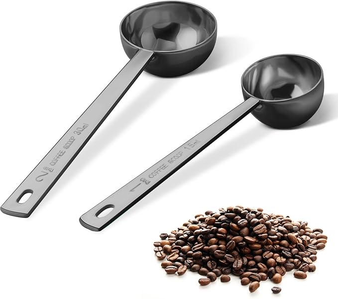 Premium Coffee Scoop Set, Set of 2, Metal Stainless Steel Long Handle Coffee Scoop, Measuring Coffee Spoons Contains 1 Tablespoon (15 ml) and 2 Tablespoons (30 ml) Spoon-Black