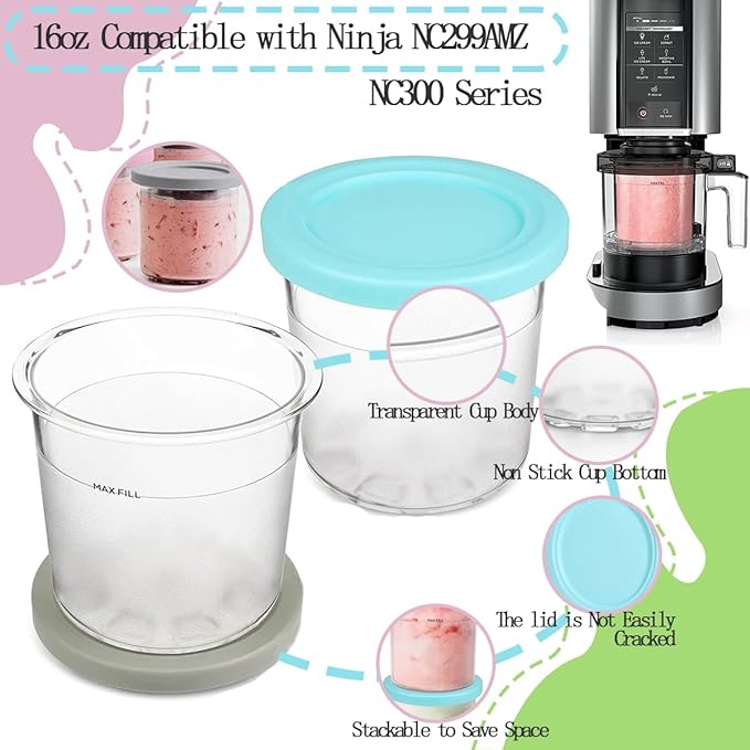 4 Pack Containers Replacement for Ninja,Creami Pints and Lids 16oz Compatible with Ninja NC299AMZ NC300 Series Deluxe Ice Cream Makers Cups Dishwasher Safe (16OZ)