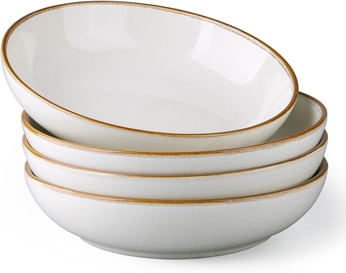AmorArc 8.5'' Large Pasta Bowls, 36oz Ceramic Salad Serving Bowls Set of 4 for Kitchen, Wide Stoneware Bowls for Pasta,Salad,Fruit,Bread, Microwave Safe, Reactive-Pearl White