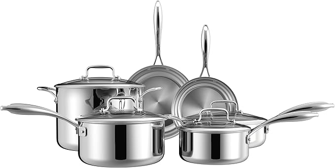 10 Pcs Stainless Steel Cookware Set, 8/9.5 Inch Frying Pan, 1.5/3 QT Saucepan, 3 QT Saute Pan and 8 QT Stock Pot, Suitable for All Cooking Hobs