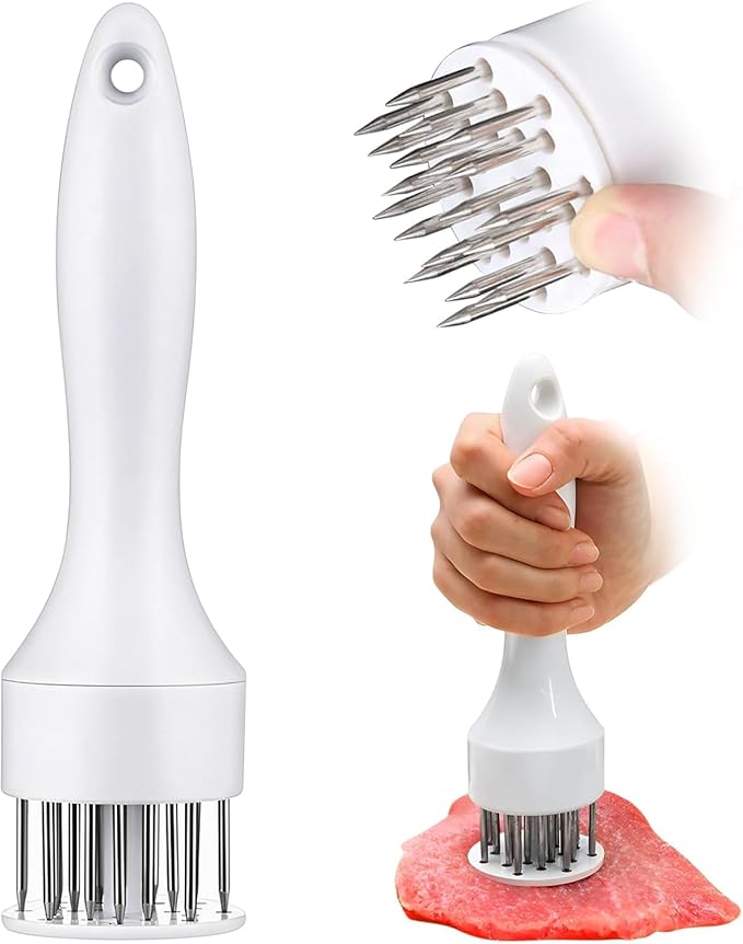 Stainless steel meat tenderizing tool, meat pounding hammer, equipped with 24 sharp needles, used for tenderizing and pounding steaks, beef, pork, chicken, grilling, and fish(White)