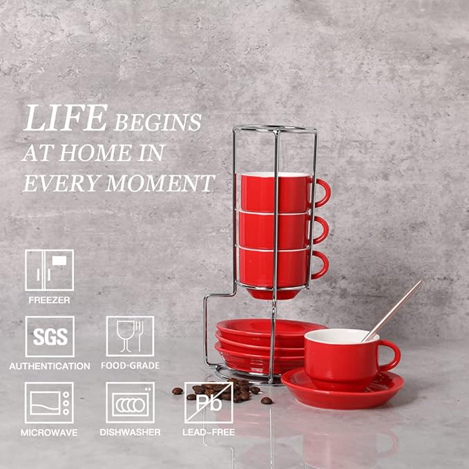 Sweejar Porcelain Espresso Cups with Saucers, 2.5 Ounce Stackable Cappuccino Cups with Metal Stand for Coffee Drinks, Latte, Tea - Set of 4 (Red)