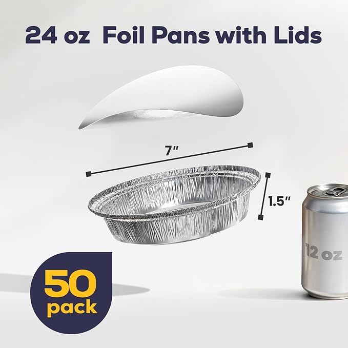 Fit Meal Prep 50 Pack 7” Round Aluminum Foil Pans with Lids, Pie Tins Disposable 7 inch with Lids, Take Out Containers, Freezer Oven Safe Aluminum Baking Pans for Storing, Cooking, Storage, Reheating