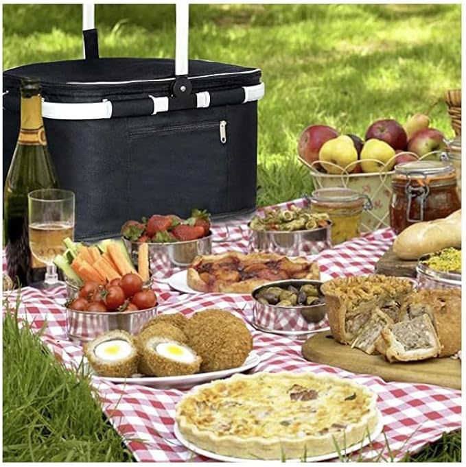 30L Large Picnic Basket, Foldable and Insulated Wild Outdoor Camping Picnic Large Capacity Picnic Basket with Handle for Picnic, Takeout, Shopping, Camping, Traveling (Black)