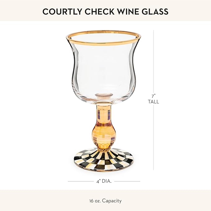 MACKENZIE-CHILDS Stemmed Wine Glass, Decorative Wine Glassware, 16 Ounces, Black-and-White Courtly Check