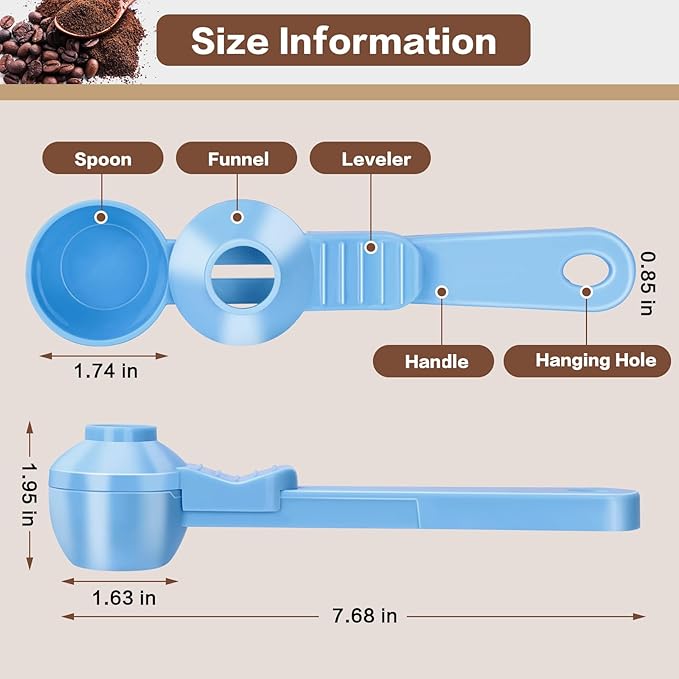 2-in-1 Coffee Scoop with Funnel, 2 Teaspoon Measuring Spoon for Reusable K Cups, Ground Coffee, Protein Powder & Tea, Mess-Free Plastic Design (Light Blue)