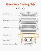 VEVOR Chafing Dish Buffet Set, 8 Qt 4 Pack, Stainless Steel Chafer with 4 Full Size Pans, Rectangle Catering Warmer Server with Glass Lid Water Pan Folding Stand Fuel Holder, for Wedding Party Banquet