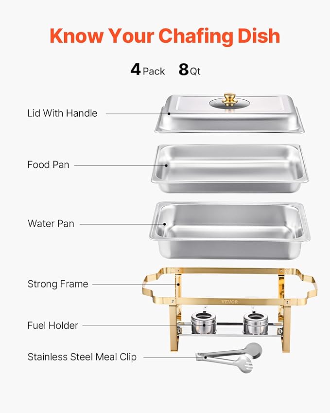 VEVOR Chafing Dish Buffet Set, 8 Qt 4 Pack, Stainless Steel Chafer with 4 Full Size Pans, Rectangle Catering Warmer Server with Glass Lid Water Pan Folding Stand Fuel Holder, for Wedding Party Banquet