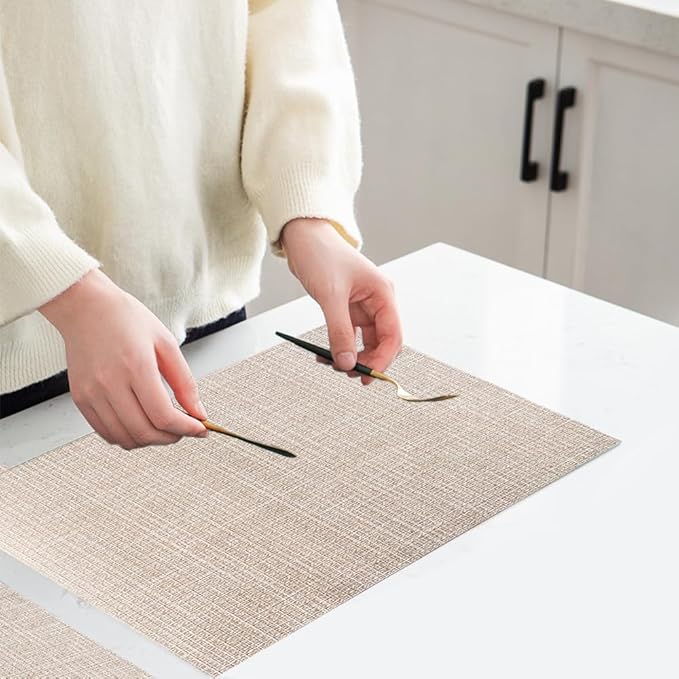 PIGCHCY Beige Placemats Set of 4 Vinyl PVC Durable Place Mats for Dining Table,Heat Resistant Non-Slip Woven Tabel Mats (18x12 inches, Beige)