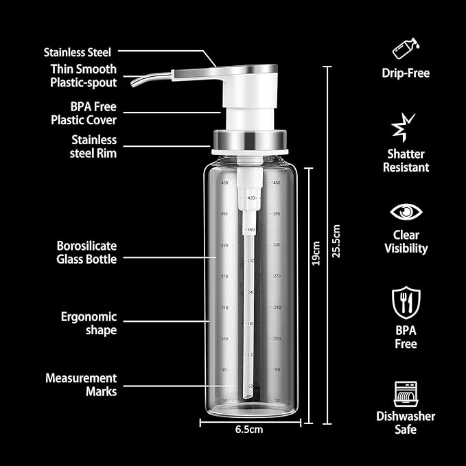 Sauce Pump Dispensers, 17oz Glass & Stainless Steel, 8ml Capacity, Perfect for Kitchen, BBQ, Baking, Salad, Restaurant, Cafe, Hotel, Party, Buffet, Infusing Herbs