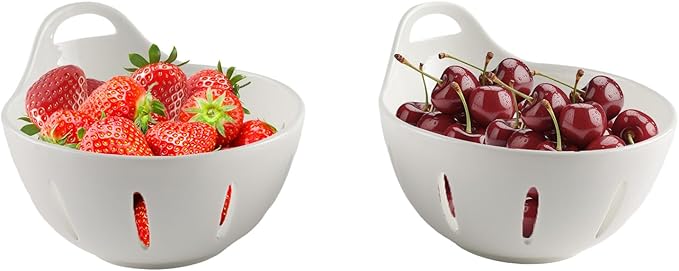 Ceramic Berry Basket,5.9 inch Fruit Bowl,Round Berry Colander with Holes & Handle,Small Fruit Basket for Kitchen Counter,Cute Containers for Berries, Strawberry, Grape, Cherry,Set of 2