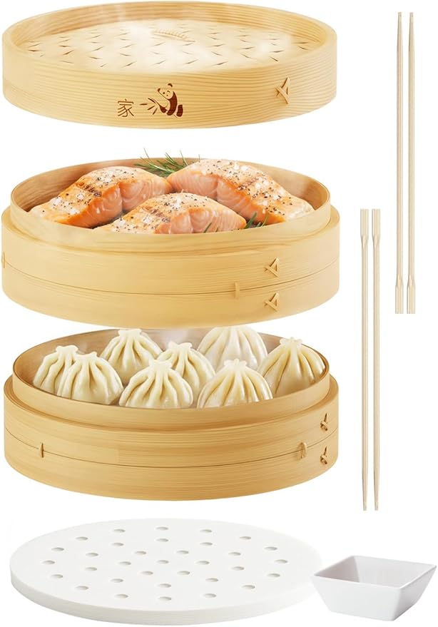 Prime Home Direct Bamboo Steamer Basket 10-Inch | 2-Tier Steamer for Cooking | 50 Liners, Chopsticks, Sauce Dish | Steaming Asian Food, Bao Buns, Chinese, Dim Sum, Dumpling, Rice, Vegetable Steam Pot