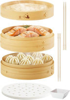Prime Home Direct Bamboo Steamer Basket 10-Inch | 2-Tier Steamer for Cooking | 50 Liners, Chopsticks, Sauce Dish | Steaming Asian Food, Bao Buns, Chinese, Dim Sum, Dumpling, Rice, Vegetable Steam Pot