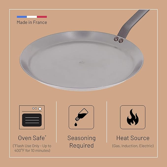 De Buyer MINERAL B Carbon Steel Crepe & Tortilla Pan - 10.25” Diameter, 9” Cooking Surface - Ideal for Making & Reheating Crepes, Tortillas & Pancakes - PFAS, PFOA & PFOS Free - Made in France