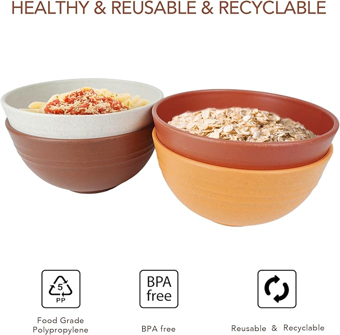 greenandlife 24oz/4PCS Wheat Straw Cereal Bowls, Lightweight Unbreakable Noodle Fruit Soup Rice Bowls Dishwasher Microwave Safe Bowl Sets, Non-toxin, BPA Free, Sunset Color