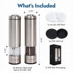 Electric Salt and Pepper Grinder Set - Battery Operated, Stainless Steel Shakers with Adjustable Fine & Coarseness, One Handed Operation, LED Light & Complimentary Mill Rest Tray