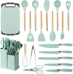 Cooking Utensils Set - 19 Piece Set with 11 Spatulas, 6 Sharp Knives, Silicone Utensils & Cutting Board (Green)