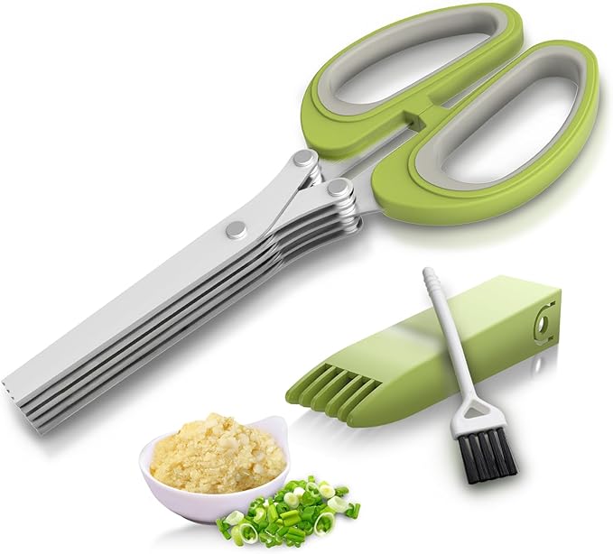 Herb Scissors,Heavy Duty Kitchen Shears for Food,Upgraded Serrated Tip for Garlic Crushing,Salad Chopper Utility Scissors,Herb Cutter with 5 Blades and Cover for Cutting Basil (Green)