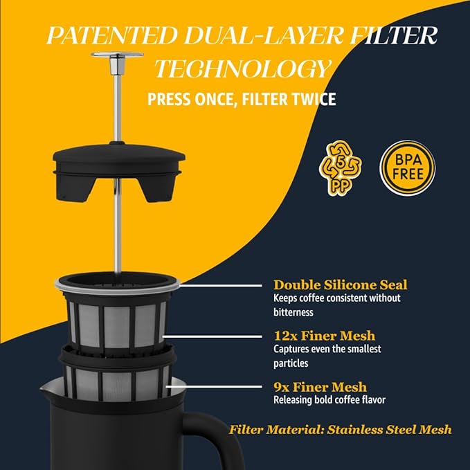 ESPRO P7 French Press Stainless Steel 304 – Patented Double Walled Micro-Filter Insulated French Press Coffee Maker, Grit-Free Brew - Heat Resistant BPA Free Coffee Maker - Matte Black (32oz)
