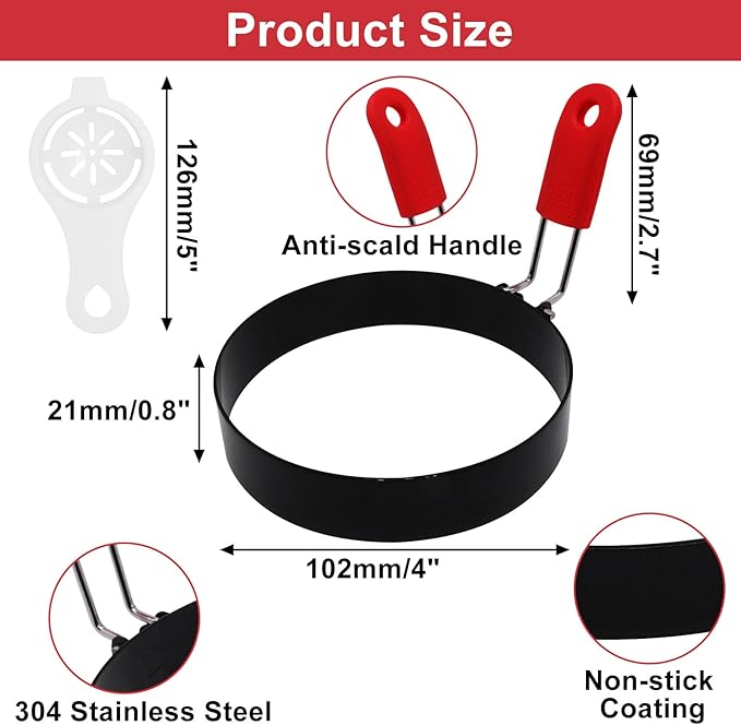 4 Inch Small Egg Rings for Frying Eggs with Foldable Handle, 2 Pack Stainless Steel Round Egg Shaper, Eggs Mcmuffin Ring Mold for Camping Pancake Sandwiches