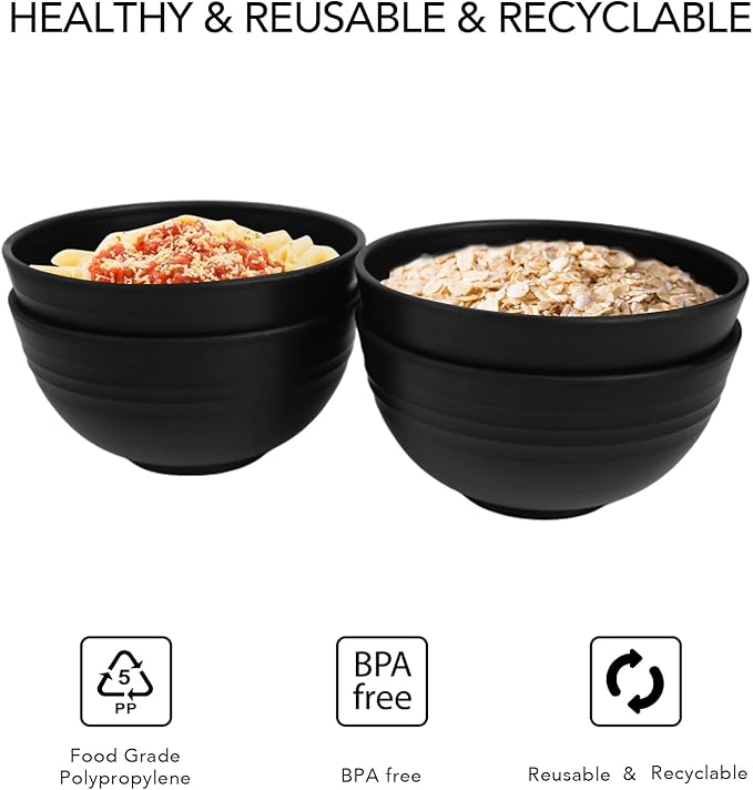 greenandlife 24oz/4PCS Wheat Straw Cereal Bowls, Lightweight Unbreakable Noodle Fruit Soup Rice Bowls Dishwasher Microwave Safe Bowl Sets, Non-toxin, BPA Free, Black