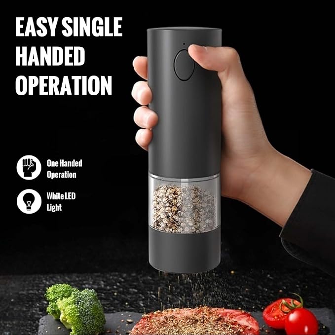 Electric Pepper Grinder, Rechargeable Automatic Pepper Mill Grinder with Led Light, One Hand Operation, One-Button Control, Adjustable Coarseness, Refillable 70ml, Black(1 Pack)