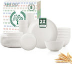 Homienly KItchen Wheat Straw Dinnerware Set, Alternative to Plastic Plates and Bowls Sets, Unbreakable Lightweight Dishes Set for 8 - Plate Set, Soup Bowls, Drinking Glasses for KItchen, Party - White