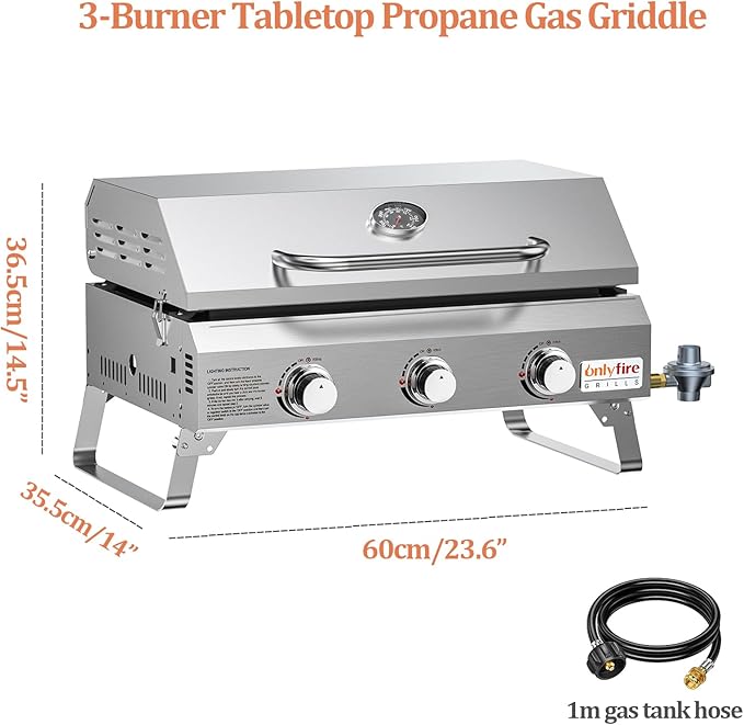 Tabletop Gas Griddle with Foldable Legs, Portable 3-Burner Propane Gas Grill Griddle Flat Top for Outdoor Cooking Patio Barbecue Camping Tailgating RV BBQ, Stainless Steel, #GS309