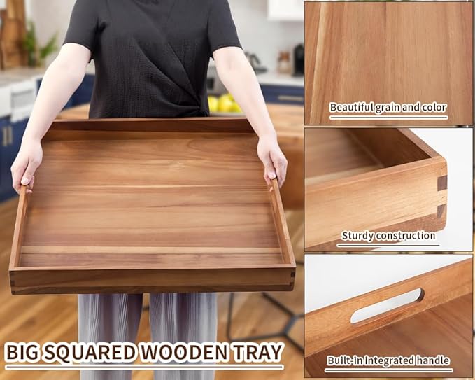Extra Large Square Wood Tray, Generously 22" Acacia Serving Trays for Large Ottoman Coffee Table, Giant Square Shape Sofa Tray with Handles, Kitchen Organizer Storage Trays Huge Counter Serveware