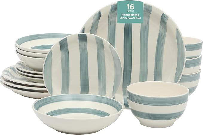 Gibson Home Kenwood Shores 16 Piece Dinnerware Set, Blue Striped, Hand-Painted Stoneware Dishes, Plates and Bowls, Service for 4, Microwave & Dishwasher Safe