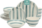 Gibson Home Kenwood Shores 16 Piece Dinnerware Set, Blue Striped, Hand-Painted Stoneware Dishes, Plates and Bowls, Service for 4, Microwave & Dishwasher Safe
