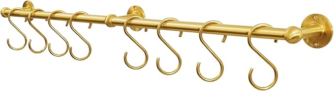 31.0 Inch Brass Pot Rack with Hooks,Wall Kitchen Mounted Organizer,Segmented RailHanging Rack for Kitchen Wall Rail with Hooks